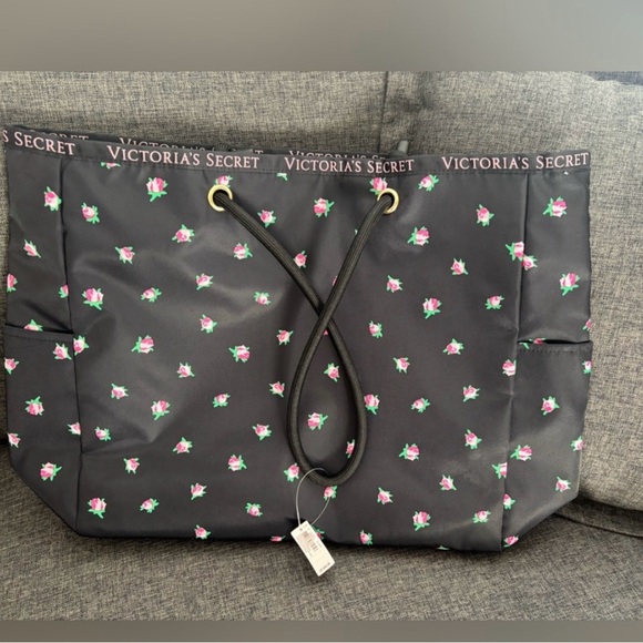 NWT Victorias Secret REVERSIBLE Tote Bag BLACK with Rose Graphic/Stripes - Picture 2 of 8